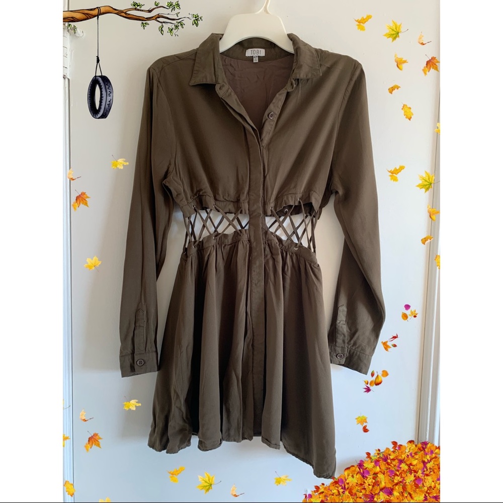 Olive green cage waist button down dress